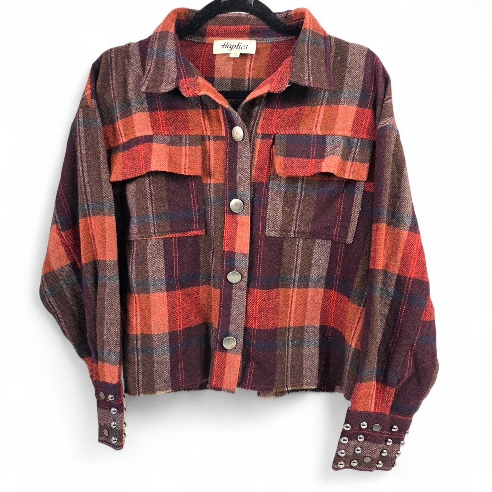 Haptics by Holly Harper Studded‎ Flannel Shirt Shacket Red Plaid Women's Medium